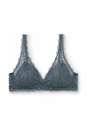 Krajkový bralette v šedomodré barvě s zvlněným lemem, trojúhelníkovými košíčky a nastavitelnými ramínky. Lehký květinový krajkový design po celém povrchu.