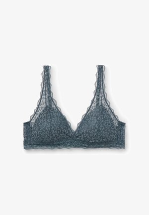 Bralette de encaje en azul pizarra con borde festoneado, copas triangulares y tirantes ajustables. Diseño de encaje floral ligero en toda la prenda.