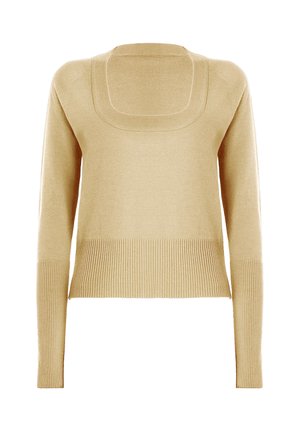 Beige stickad tröja med fyrkantig urringning, långa ärmar och detaljerad mudd i ribbat mönster. Mjuk textur med avslappnad passform och minimalistisk design.