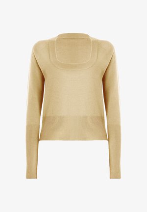 Beige stickad tröja med fyrkantig urringning, långa ärmar och detaljerad mudd i ribbat mönster. Mjuk textur med avslappnad passform och minimalistisk design.