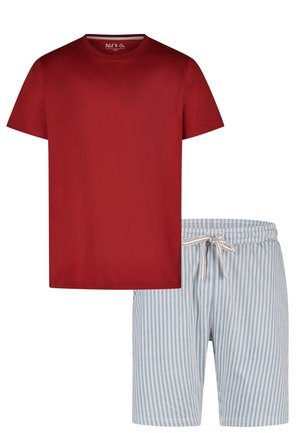 Rode katoenen T-shirt met een ronde hals, gecombineerd met blauw-wit gestreepte shorts met een verstelbare koord in de taille.