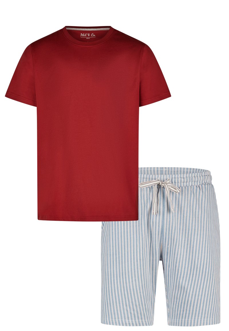 Rode katoenen T-shirt met een ronde hals, gecombineerd met blauw-wit gestreepte shorts met een verstelbare koord in de taille.