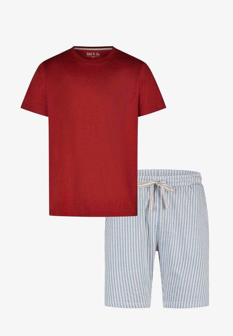 Rode katoenen T-shirt met een ronde hals, gecombineerd met blauw-wit gestreepte shorts met een verstelbare koord in de taille.