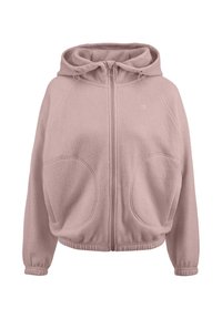 Felpa con cappuccio in morbido rosa, con zip frontale, cappuccio con stringhe regolabili e ampie tasche laterali con polsini a coste.