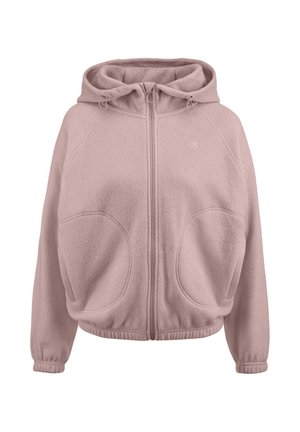 Fleece hoodie in zachtroze, met een ritssluiting aan de voorkant, een capuchon met verstelbare koordjes, en grote zijzakken met geribbelde manchetten.