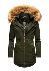Olijfgroene parka jas met faux fur capuchon, ritssluiting aan de voorkant, twee zijzakken en verstelbare manchetten. Gladde textuur met een langere achterzoom.
