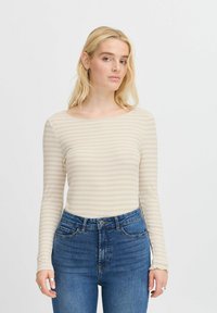 Långärmad ribbad topp i beige med tunna ränder. Har en bred halsringning och en figurnära silhuett. Matchad med högmidjade blå jeans.