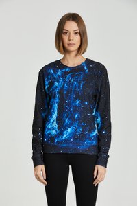Black sweatshirt featuring a blue galaxy design with swirls and star patterns. Ribbed neckline and cuffs, medium-weight fabric.