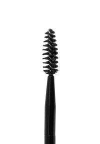 Black mascara wand with a spiral bristle design; slender handle leading to a tapered brush head for precise application.