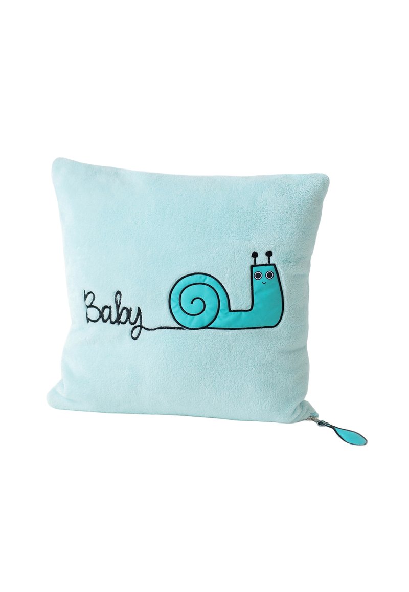 Soft blue pillow in plush fabric featuring a turquoise snail design, black embroidered text saying "Baby," and a zipper accent.
