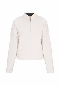 Pullover in pile bianco con colletto alto e chiusura frontale a mezza zip. Maniche lunghe e orlo corto. Sottile dettaglio del logo sul petto.