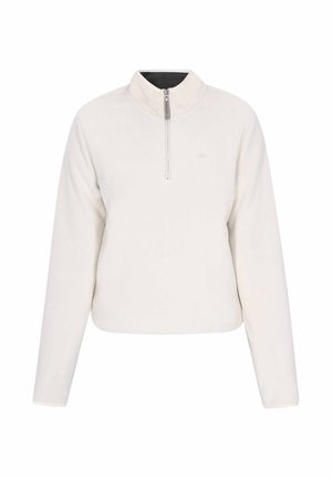 Hvid fleece-pullover med høj krave og halvdels lynlås foran. Lange ærmer og cropped længde. Subtil logodetalje på brystet.