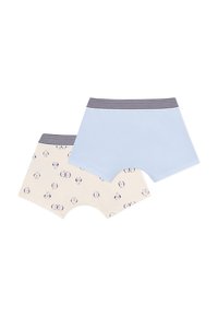 Set di boyshorts in cotone composto da un paio in tinta unita blu chiaro e un paio crema con una stampa di panda ripetuta, entrambi con vita a righe.