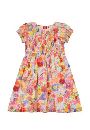 Gerimpelde bloemenjurk met korte pofmouwen, een ronde halslijn en een kleurrijk patroon van verschillende bloemen op een lichte achtergrond.