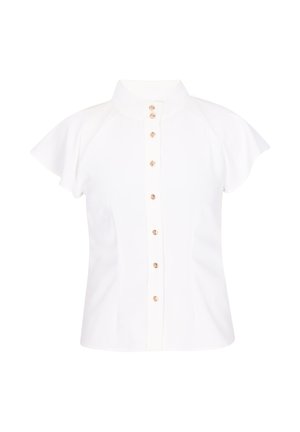 Hvid kortærmet bluse med høj krave og en lodret række af gyldne knapper ned foran, figursyet talje og flagrende ærmer.