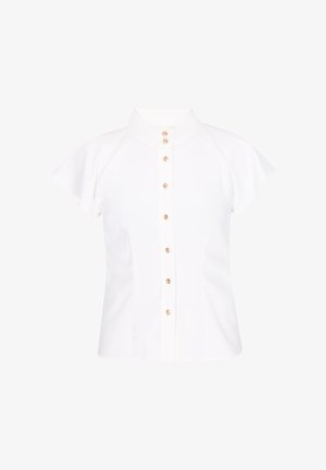 Fehér rövid ujjú blúz magas gallérral és az elején függőlegesen végigfutó arany gombsorral, alakra szabott derékkal és leheletfinom ujjakkal.