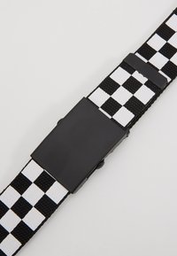 Black and white checkered strap with a rectangular black clasp; made of textile material with a woven pattern.