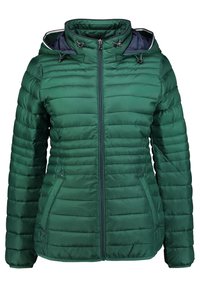 Grøn oppustelig jakke med vandret quiltet design, lynlåslukning, to sidelommer og justerbar hætte med kontrastfarvet for.