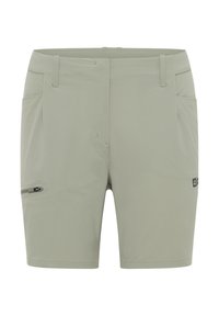 Hellgraue Shorts mit glatter Textur, ausgestattet mit zwei Seitentaschen und einer Reißverschlusstasche am Oberschenkel. Sauberes, modernes Design.