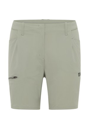 Lichtgrijze shorts met een gladde textuur, voorzien van twee zijzakken en één met rits afgesloten zak op de dij. Strak, modern ontwerp.