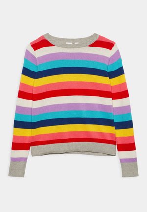 Sweter dziany z długim rękawem w poziome paski w kolorach czerwonym, białym, fioletowym, niebieskim, żółtym, różowym oraz szary prążkowany kołnierz, mankiety i dół.
