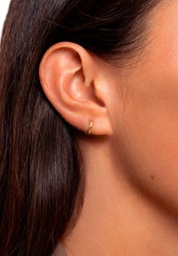 Goldene Creole, die am Ohr getragen wird, mit einer glatten Oberfläche und runder Form, die lange, glatte, dunkle Haare ergänzt.