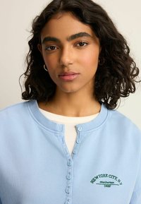 Lys blå sweatshirt med henley-udskæring, featuring knapdetaljer og grøn broderet tekst der står "NEW YORK CITY, N.Y. Manhattan 1985."