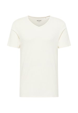 Krämfärgad t-shirt med kort ärm och V-halsdesign, tillverkad av mjukt tyg, med en diskret logotyp på bröstet.