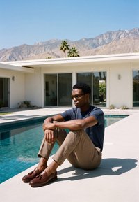 Homme avec des lunettes de soleil assis en tailleur près d'une piscine à l'extérieur d'une maison moderne avec des montagnes en arrière-plan par une journée ensoleillée.