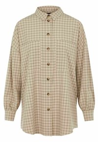 Knapp-up, långärmad skjorta i beige och ljusbrun rutmönster. Har två framsidor fickor, rundad fåll och bruna knappar. Mjuk tygtextur.