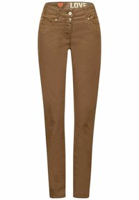 Bruna slim-fit jeans med en slät yta, femfickorsdesign, två framknappar och ett midjeband med ett "LOVE"-mönster.