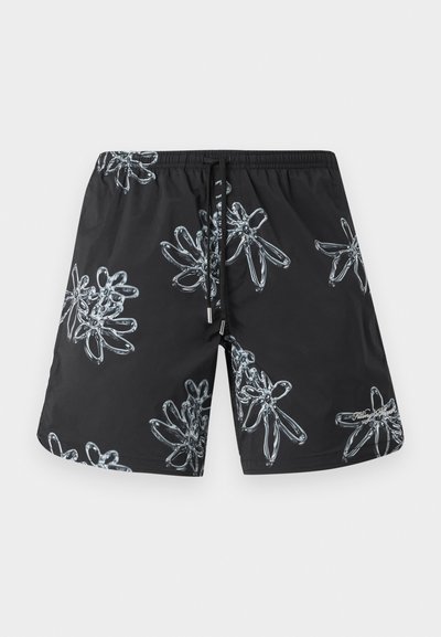 Schwarze Badehosen mit einem glänzenden floralem Muster in Hellgrau. Elastischer Bund mit Kordelzug und Logodetail auf der unteren rechten Seite.