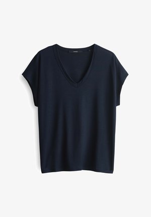 T-shirt navy blue a maniche corte con scollatura a V, realizzato in tessuto morbido e liscio, con una vestibilità rilassata e linee pulite, senza motivi visibili o accessori.