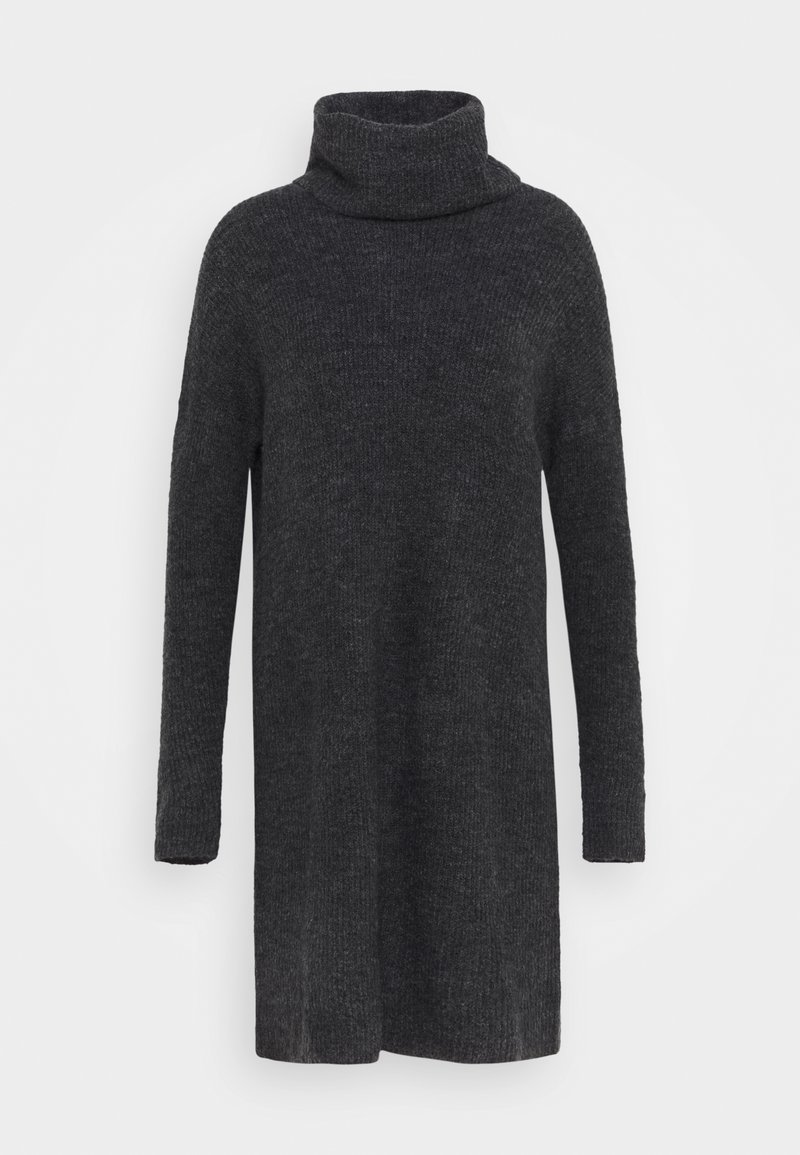 Robe longue à manches longues en tricot gris foncé avec un col montant ample, confectionnée dans un tissu doux et texturé, présentée sur un fond uni.