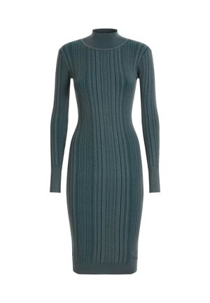 Przylegająca, długorękawowa sukienka z prążkowanego dzianiny w ciemnym kolorze morskim, z wysokim kołnierzem i długością do kolan.