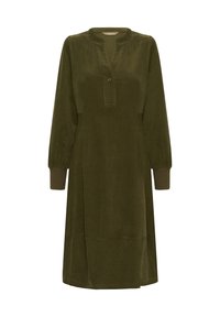 Olijfgroene corduroy jurk met een V-hals, lange mouwen en een knoopdetail bij de hals. Recht model met geribde manchetten en een ontspannen pasvorm.