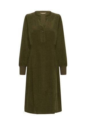 Olivengrønt kordfløjdress med V-udskæring, lange ærmer og en knapdetalje ved halsen. Lige snit med ribbede mansjetter og en afslappet pasform.