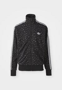 Black zip-up jacket featuring a leopard print texture, white stripes along the shoulders, and a small white logo on the chest.