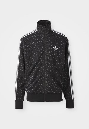 Black zip-up jacket featuring a leopard print texture, white stripes along the shoulders, and a small white logo on the chest.
