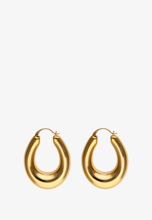 Gouden creolen met een afgeronde U-vorm, voorzien van een gladde, glanzende oppervlakte en een scharnier sluiting.