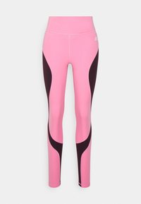 Růžové sportovní legíny s černými bočními panely, vysokým pasem a hladkým povrchem, navržené pro pohodlí a flexibilitu v pohybu.