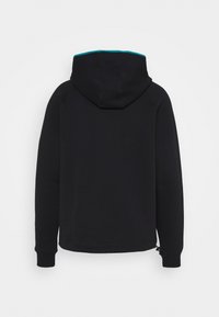 Felpa nera con cappuccio rifinito in turchese a contrasto. Realizzata in tessuto morbido con maniche lunghe e coulisse. Design semplice.