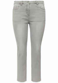 Jeans in denim grigio con vestibilità slim e gamba dritta. Presentano cinque tasche, una patta con zip e dettagli con orlo grezzo. Texture morbida, design minimalista.