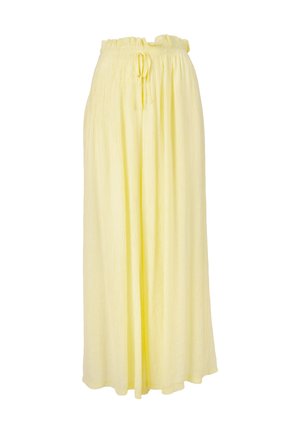 Gelbe, leichte, gekräuselte Maxi-Rock aus Stoff mit elastischem Bund und Kordelzug. Fließt sanft und erzeugt eine weiche, entspannte Silhouette.