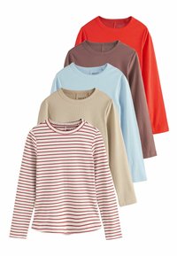 Five long-sleeve shirts in various colors: red, brown, light blue, beige, and white with red stripes. Ribbed texture and round necklines.