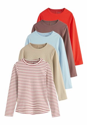 Five long-sleeve shirts in various colors: red, brown, light blue, beige, and white with red stripes. Ribbed texture and round necklines.