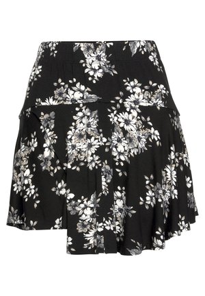 Black floral skirt featuring a stretchy waistband, pleated design, and white and grey flower patterns throughout. Soft fabric with smooth texture.