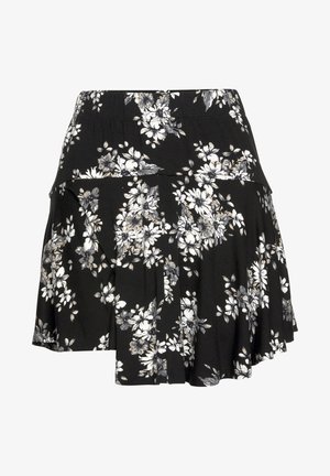 Crna cvjetna suknja s rastezljivim pojasom, nabranim dizajnom i uzorkom bijelih i sivih cvjetova. Mekana tkanina s glatkom teksturom.
