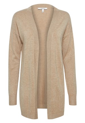 Šviesiai rudos spalvos kardiganas su minkšta, tekstūruota medžiaga. Atviras priekyje, ilgomis rankovėmis ir raukšlėtais rankogaliais. Lengvas dizainas, tinkantis sluoksniavimui.