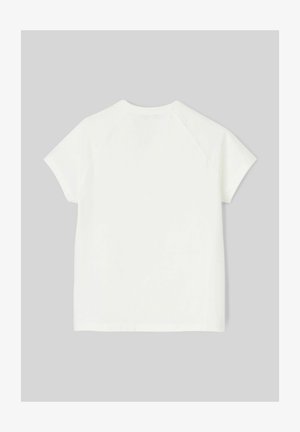 T-shirt blanc à manches courtes avec un col rond et des manches raglan, fabriqué dans un tissu lisse et doux, au design droit.